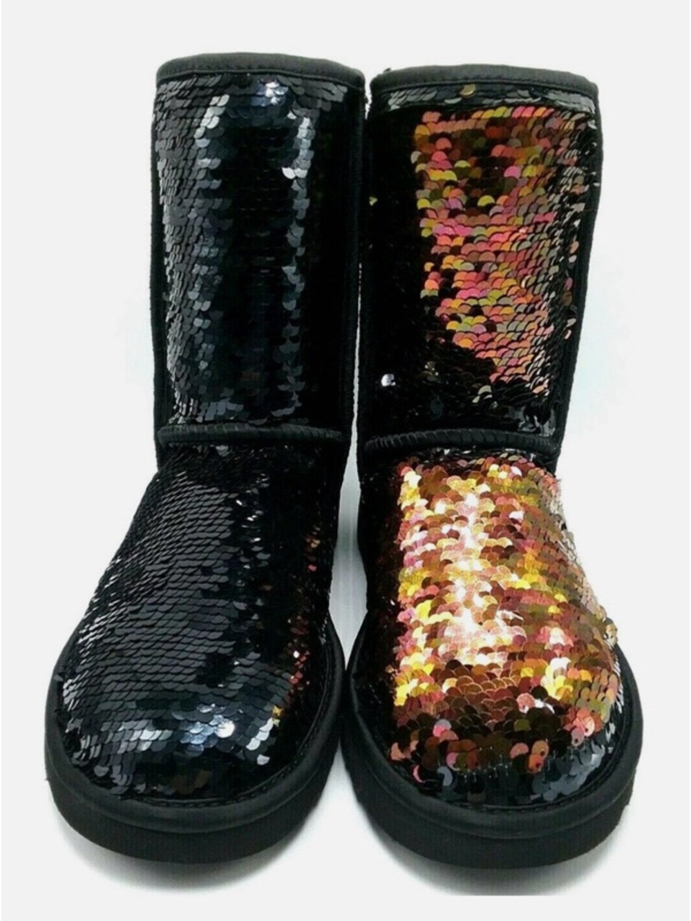 📌 UGG Women's Reversible Sequin Black and Iridescent Gold-Pink Mid-Calf Boots